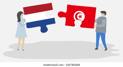 Couple holding two puzzles pieces with Dutch and Tunisian flags. Netherlands and Tunisia national symbols together.