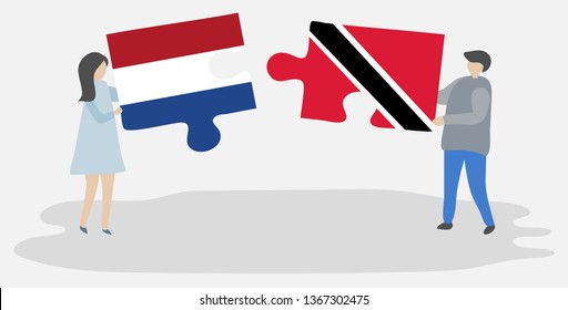 Couple holding two puzzles pieces with Dutch and Trinidadian flags. Netherlands and Trinidad and Tobago national symbols together.