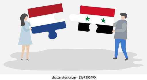 Couple holding two puzzles pieces with Dutch and Syrian flags. Netherlands and Syria national symbols together.