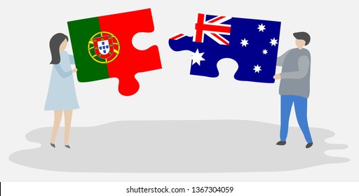 Couple holding two puzzles pieces with Portuguese and Australian flags. Portugal and Australia national symbols together.