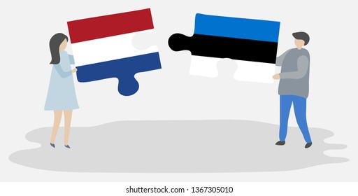Couple holding two puzzles pieces with Dutch and Estonian flags. Netherlands and Estonia national symbols together.