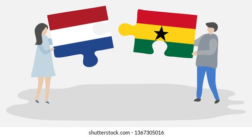 Couple holding two puzzles pieces with Dutch and Ghanaian flags. Netherlands and Ghana national symbols together.