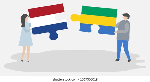 Couple holding two puzzles pieces with Dutch and Gabonese flags. Netherlands and Gabon national symbols together.