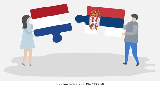 Couple holding two puzzles pieces with Dutch and Serbian flags. Netherlands and Serbia national symbols together.