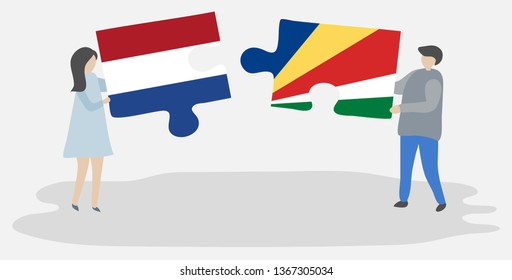 Couple holding two puzzles pieces with Dutch and Seychellois flags. Netherlands and Seychelles national symbols together.