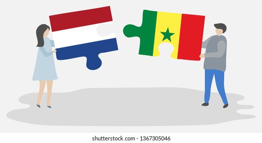 Couple holding two puzzles pieces with Dutch and Senegalese flags. Netherlands and Senegal national symbols together.