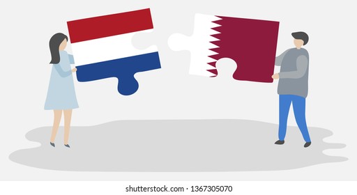 Couple holding two puzzles pieces with Dutch and Qatari flags. Netherlands and Qatar national symbols together.