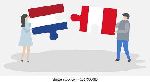 Couple holding two puzzles pieces with Dutch and Peruvian flags. Netherlands and Peru national symbols together.