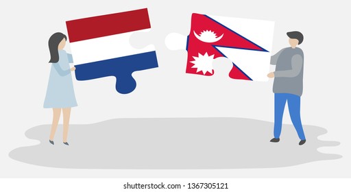 Couple holding two puzzles pieces with Dutch and Nepalese flags. Netherlands and Nepal national symbols together.