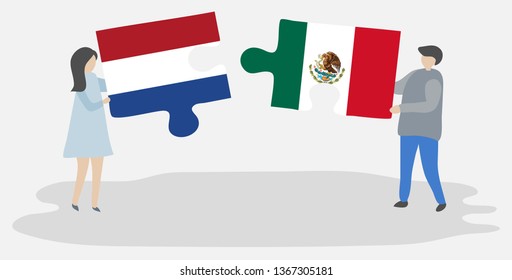 Couple holding two puzzles pieces with Dutch and Mexican flags. Netherlands and Mexico national symbols together.