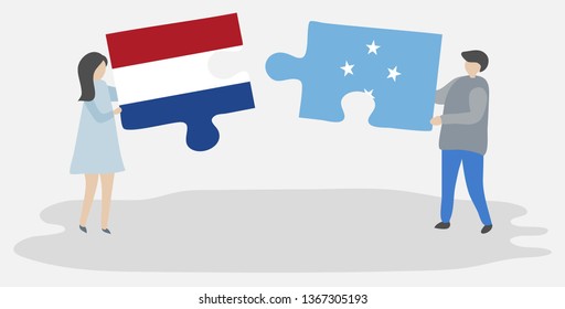 Couple holding two puzzles pieces with Dutch and Micronesian flags. Netherlands and Micronesia national symbols together.