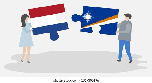 Couple holding two puzzles pieces with Dutch and Marshallese flags. Netherlands and Marshall Islands national symbols together.