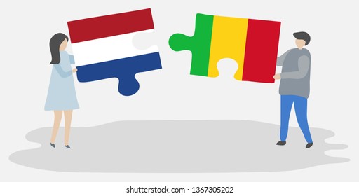 Couple holding two puzzles pieces with Dutch and Malian flags. Netherlands and Mali national symbols together.