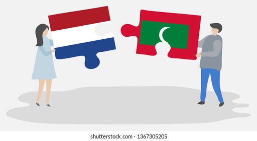 Couple holding two puzzles pieces with Dutch and Maldivian flags. Netherlands and Maldives national symbols together.