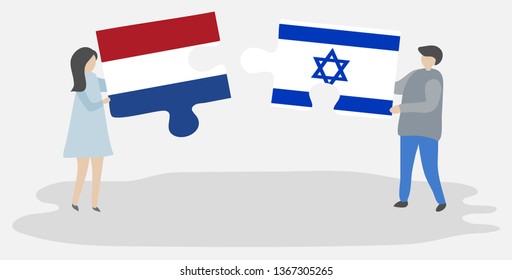 Couple holding two puzzles pieces with Dutch and Israeli flags. Netherlands and Israel national symbols together.