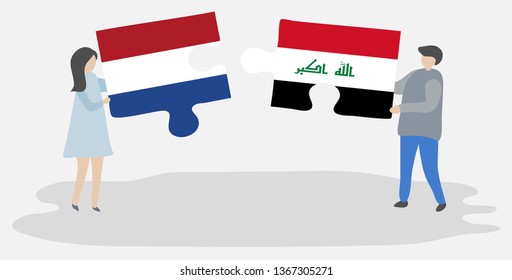 Couple holding two puzzles pieces with Dutch and Iraqi flags. Netherlands and Iraq national symbols together.