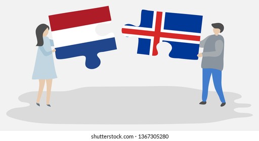 Couple holding two puzzles pieces with Dutch and Icelandic flags. Netherlands and Iceland national symbols together.