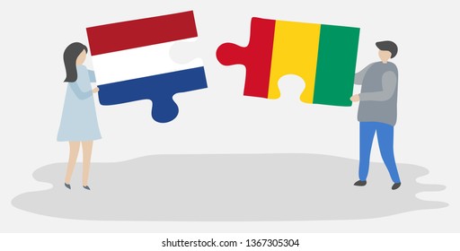 Couple holding two puzzles pieces with Dutch and Guinean flags. Netherlands and Guinea national symbols together.