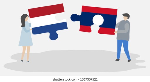 Couple holding two puzzles pieces with Dutch and Lao flags. Netherlands and Laos national symbols together.