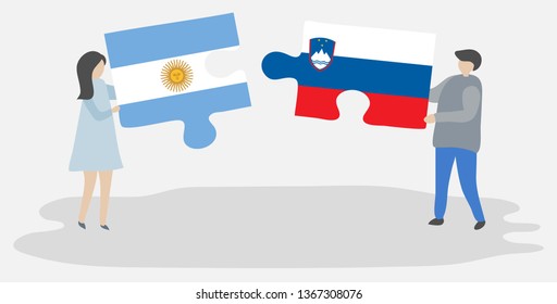 Couple holding two puzzles pieces with Argentine and Slovenian flags. Argentina and Slovenia national symbols together.