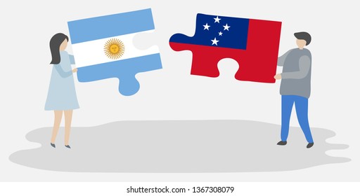 Couple holding two puzzles pieces with Argentine and Samoan flags. Argentina and Samoa national symbols together.