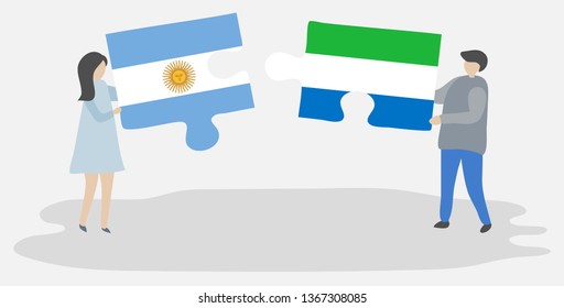 Couple holding two puzzles pieces with Argentine and Sierra Leonean flags. Argentina and Sierra Leone national symbols together.