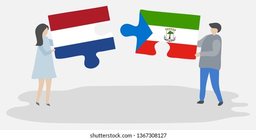 Couple holding two puzzles pieces with Dutch and Equatorial Guinean flags. Netherlands and Equatorial Guinea national symbols together.