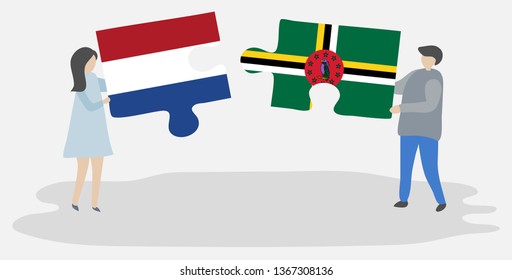 Couple holding two puzzles pieces with Dutch and Dominican flags. Netherlands and Dominica national symbols together.