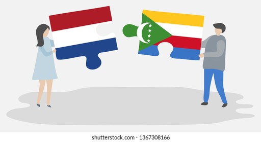 Couple holding two puzzles pieces with Dutch and Comoran flags. Netherlands and Comoros national symbols together.