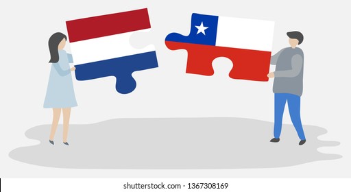 Couple holding two puzzles pieces with Dutch and Chilean flags. Netherlands and Chile national symbols together.