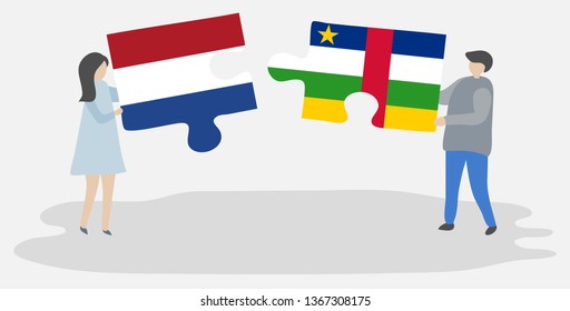 Couple holding two puzzles pieces with Dutch and Central African flags. Netherlands and Central African Republic national symbols together.