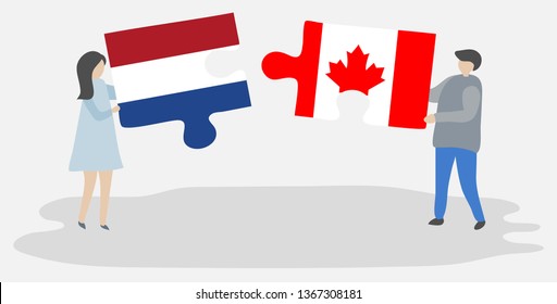 Couple holding two puzzles pieces with Dutch and Canadian flags. Netherlands and Canada national symbols together.