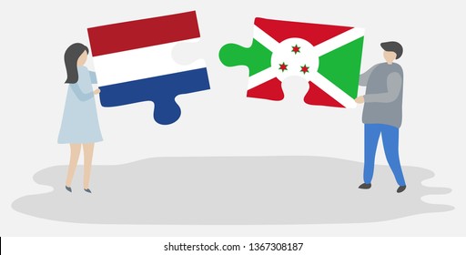 Couple holding two puzzles pieces with Dutch and Burundian flags. Netherlands and Burundi national symbols together.