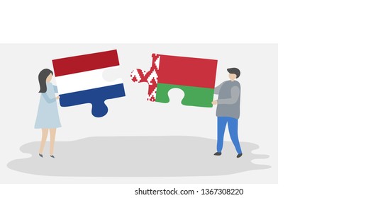 Couple holding two puzzles pieces with Dutch and Belarusian flags. Netherlands and Belarus national symbols together.