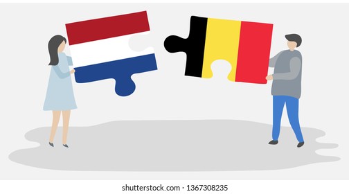 Couple holding two puzzles pieces with Dutch and Belgian flags. Netherlands and Belgium national symbols together.