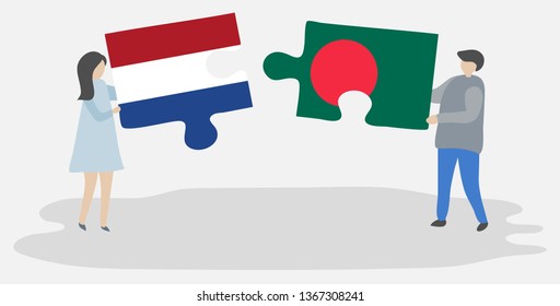 Couple holding two puzzles pieces with Dutch and Bangladeshi flags. Netherlands and Bangladesh national symbols together.