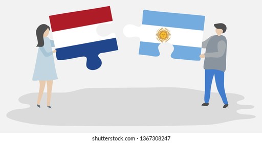 Couple holding two puzzles pieces with Dutch and Argentine flags. Netherlands and Argentina national symbols together.