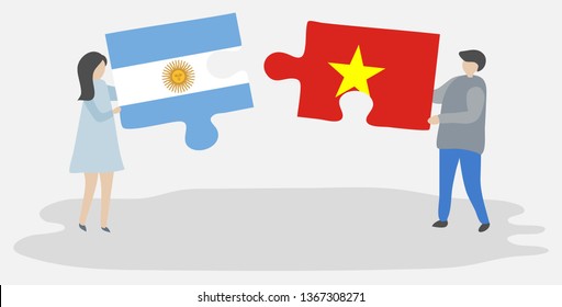 Couple holding two puzzles pieces with Argentine and Vietnamese flags. Argentina and Vietnam national symbols together.