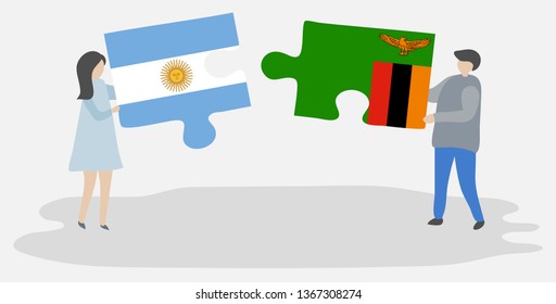 Couple holding two puzzles pieces with Argentine and Zambian flags. Argentina and Zambia national symbols together.