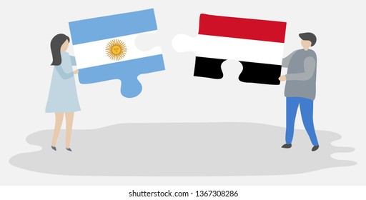 Couple holding two puzzles pieces with Argentine and Yemeni flags. Argentina and Yemen national symbols together.