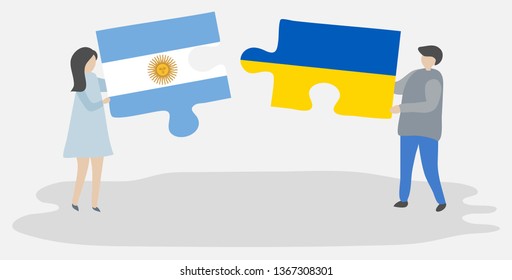 Couple holding two puzzles pieces with Argentine and Ukrainian flags. Argentina and Ukraine national symbols together.