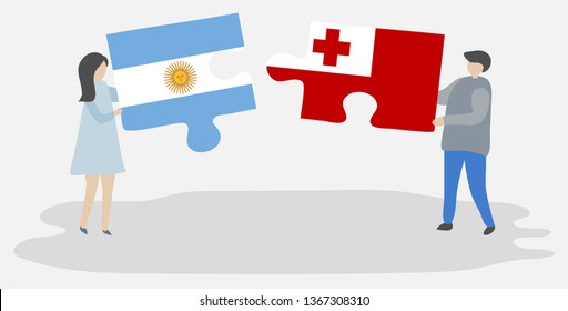 Couple holding two puzzles pieces with Argentine and Tongan flags. Argentina and Tonga national symbols together.