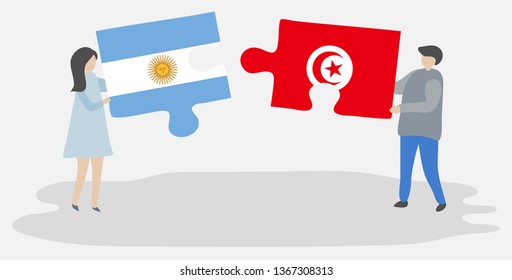 Couple holding two puzzles pieces with Argentine and Tunisian flags. Argentina and Tunisia national symbols together.