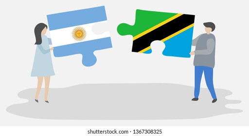 Couple holding two puzzles pieces with Argentine and Tanzanian flags. Argentina and Tanzania national symbols together.