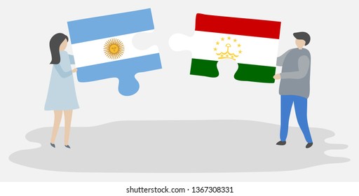 Couple holding two puzzles pieces with Argentine and Tajikistani flags. Argentina and Tajikistan national symbols together.