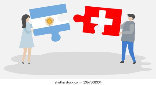 Couple holding two puzzles pieces with Argentine and Swiss flags. Argentina and Switzerland national symbols together.