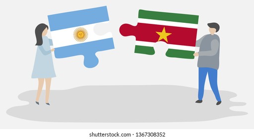 Couple holding two puzzles pieces with Argentine and Surinamese flags. Argentina and Suriname national symbols together.