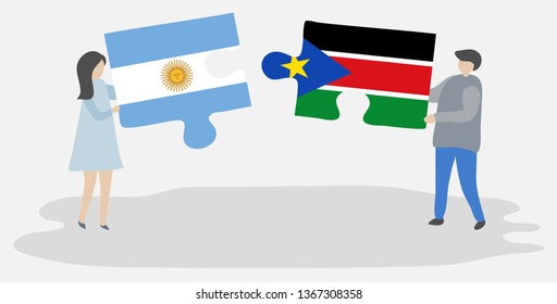 Couple holding two puzzles pieces with Argentine and South Sudanese flags. Argentina and South Sudan national symbols together.