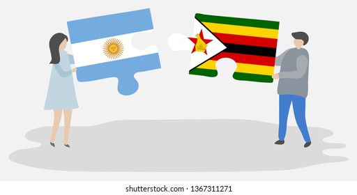 Couple holding two puzzles pieces with Argentine and Zimbabwean flags. Argentina and Zimbabwe national symbols together.