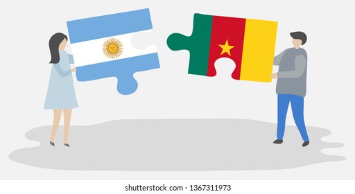 Couple holding two puzzles pieces with Argentine and Cameroonian flags. Argentina and Cameroon national symbols together.